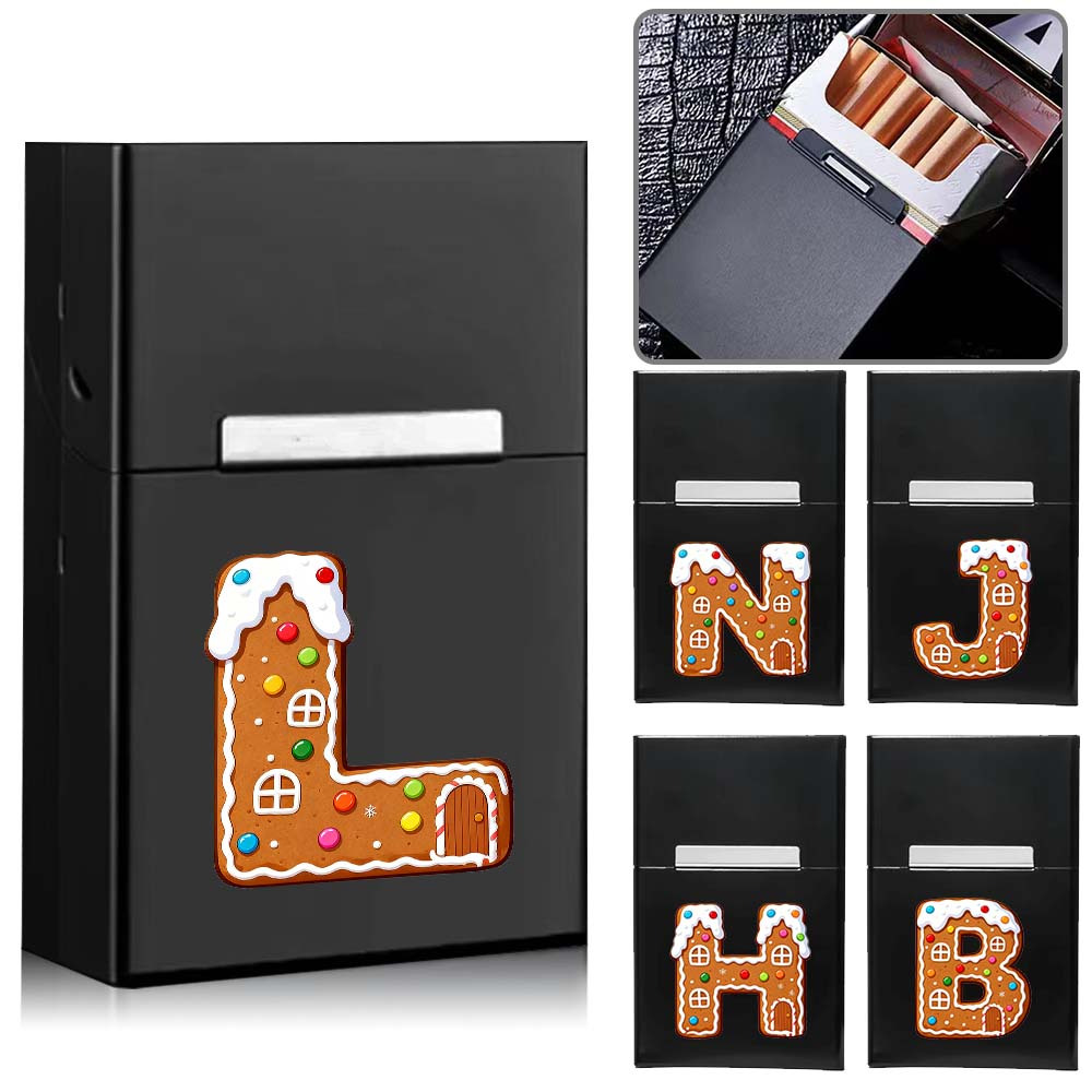 Durable Metal Cigarette Storage Case Metal Cigarette Box Protective Cover Aluminum Shell With Magnetic Buckle Dustproof Cigarette Accessories Travel Fashion Tobacco Pack Holder Christmas Gift Gingerbread House Initial Name 26 Letters Pattern
