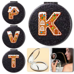 Women Pu Makeup Mirro Portable Double Sided Foldable Table Cosmetic Mirrors Hidden Magnetic Closure Suitable For Carrying Around Beauty And Makeup Tools Travel Accessories Halloween And Christmas Gift Gingerbread House Initial Name 26 Letters Pattern