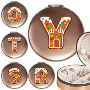 Pu Jewelry Storage Box Portable Round Jewelry Case Travel Studs Necklace Ring Jewelry Box Exquisite Large Capacity Travel Organizer Dustproof Jewelry Box Suitable For Home Or Travel Christmas Gifts Gingerbread house Initial Name 26 Letters Pattern