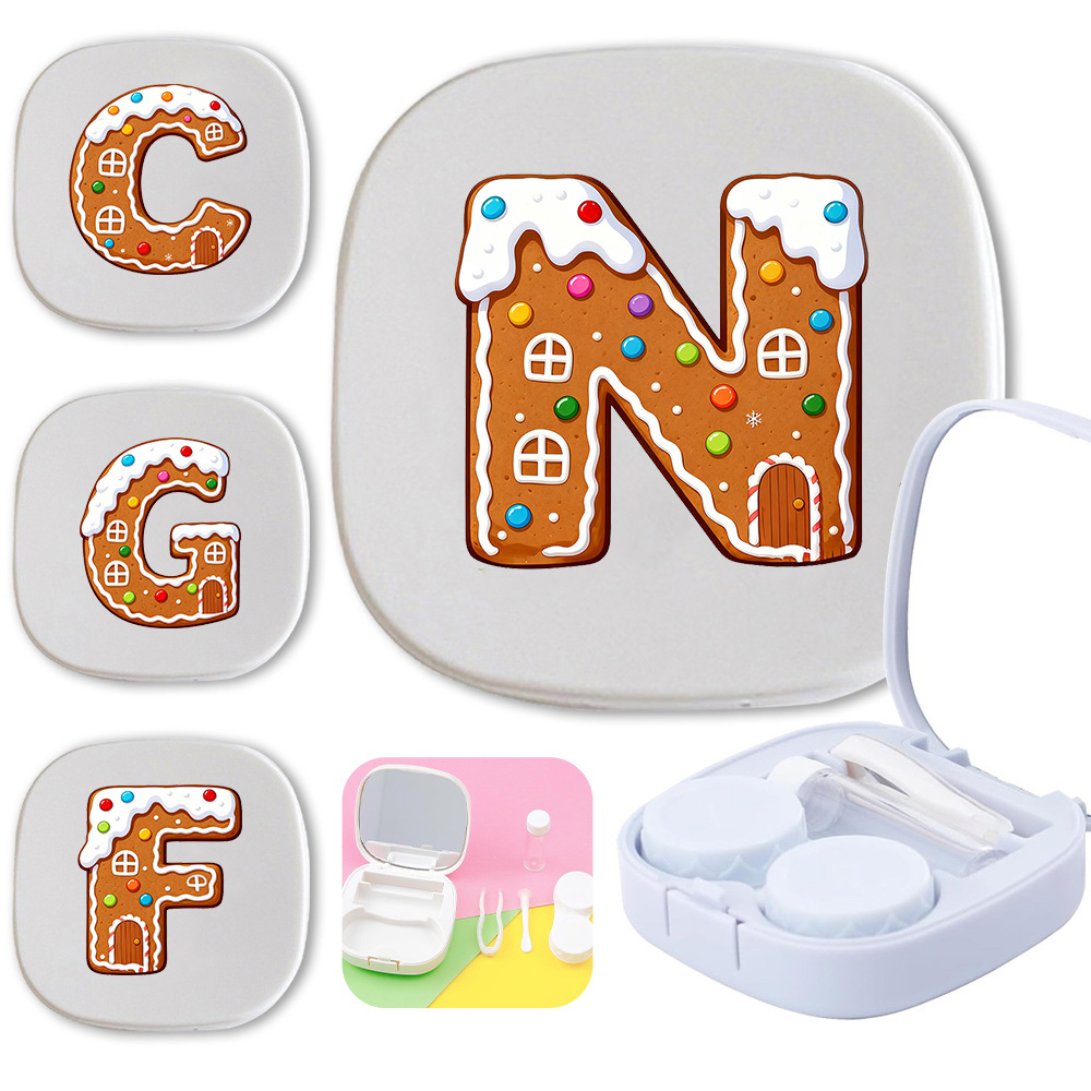 With Mirror Women Contact Lens Container Case With Duplex Box Tweezers Wearing Stick Portable Value Storage Box Practical And Simple Travel Kits Eyewear Accessories Organizer Halloween Gifts Gingerbread House Initial Name 26 Letters Pattern