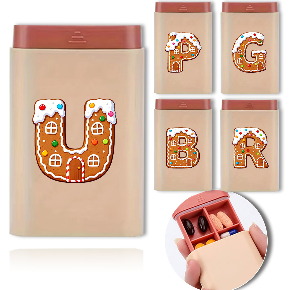 Portable Vitamin Box Pill Cases Container Organizer Storage Sealed And Dustproof Pill Storage Organizer Case Medicine Fish Oils Suitable For Travel During Use Travel Accessories Christmas Gifts Gingerbread House Initial Name 26 Letters Pattern