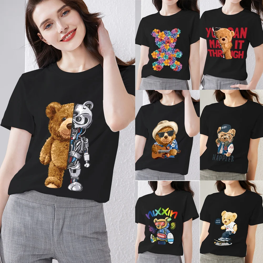 Summer Women Harajuku T-shirt Personality Trend All-match O-neck Top Cartoon Teddy Bear 3D Printing Series Women Shirt