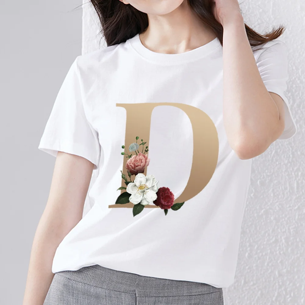 Women’s T-shirt Fashion 26 English Golden Flower Letter Printing Simple T-shirt Commuter Wear Comfortable Round Neck Ladies Top