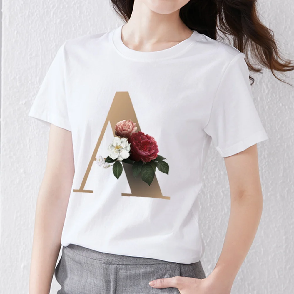 Women’s T-shirt Fashion 26 English Golden Flower Letter Printing Simple T-shirt Commuter Wear Comfortable Round Neck Ladies Top