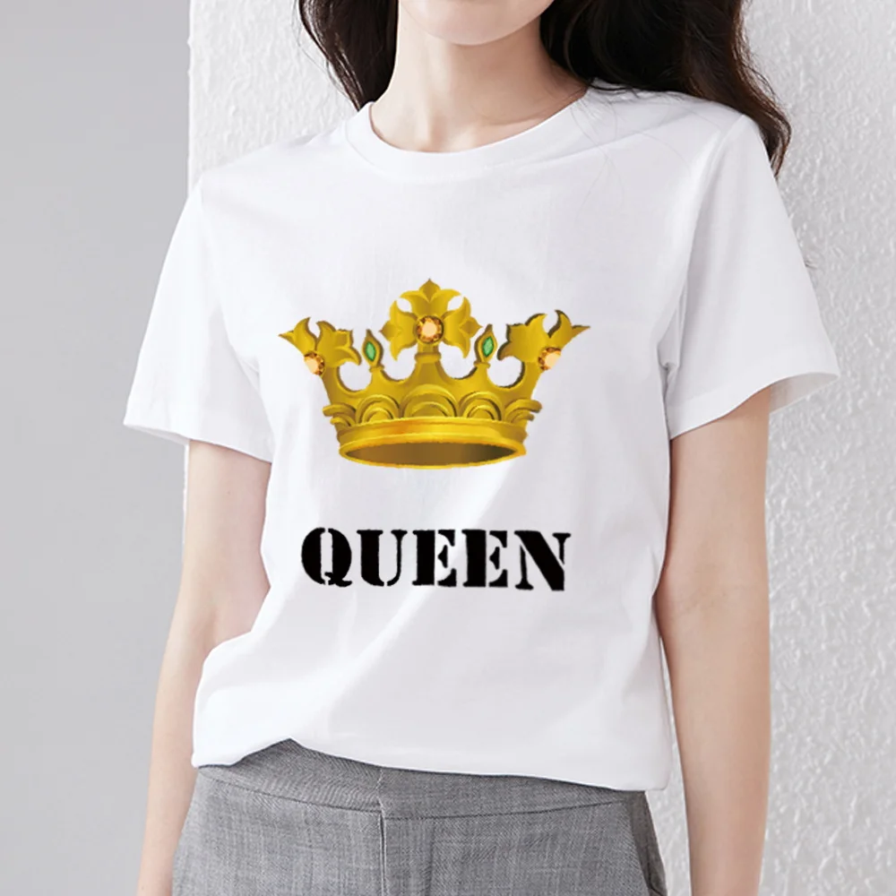 KING QUEEN Crown Print Couple T Shirt Summer Casual O Neck Lovers Short Sleeve Fashion Woman Man Tee Shirt Tops Clothes