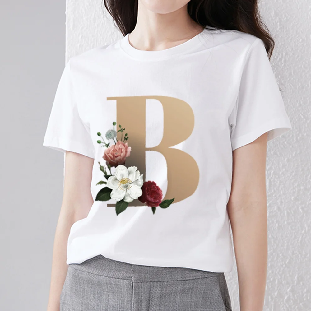 Women’s T-shirt Fashion 26 English Golden Flower Letter Printing Simple T-shirt Commuter Wear Comfortable Round Neck Ladies Top
