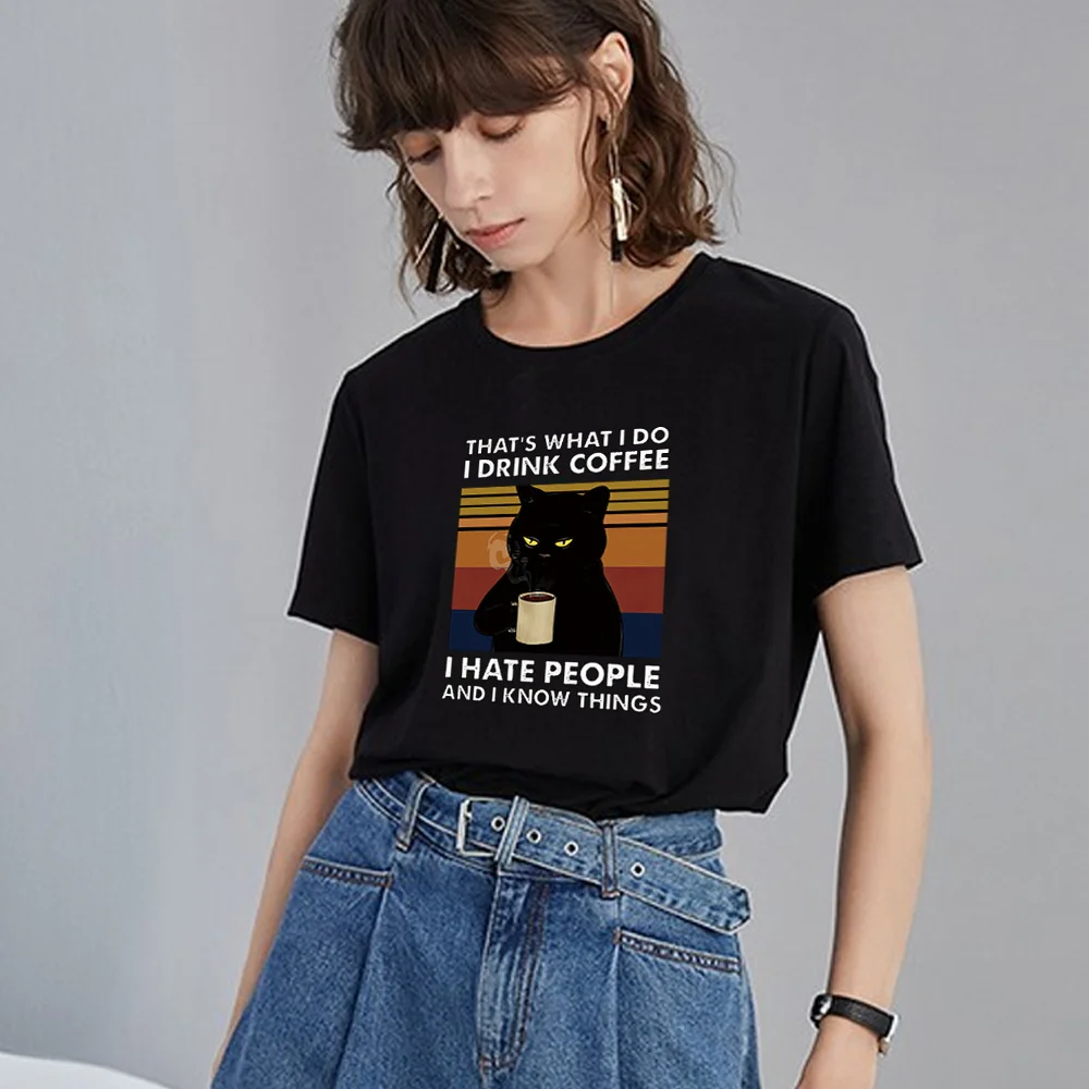 Women’s Clothing Black T-shirt Casual Top Basic Style Funny Animal Print Round Neck Slim Fit Commuter Soft Ladies Short Sleeve