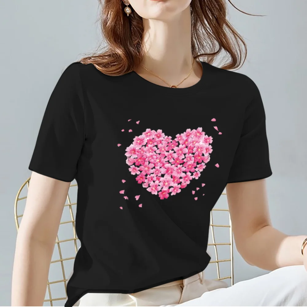 Women Tops Tee Black All-match Casual Ladies T-Shirts O Neck Love Heart Pattern Print Commuter Short Sleeve Women’s Clothing