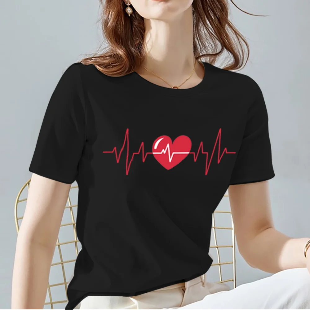 Women Tops Tee Black All-match Casual Ladies T-Shirts O Neck Love Heart Pattern Print Commuter Short Sleeve Women’s Clothing