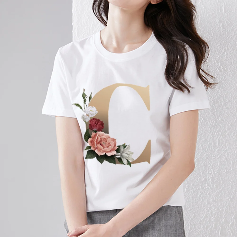 Women’s T-shirt Fashion 26 English Golden Flower Letter Printing Simple T-shirt Commuter Wear Comfortable Round Neck Ladies Top