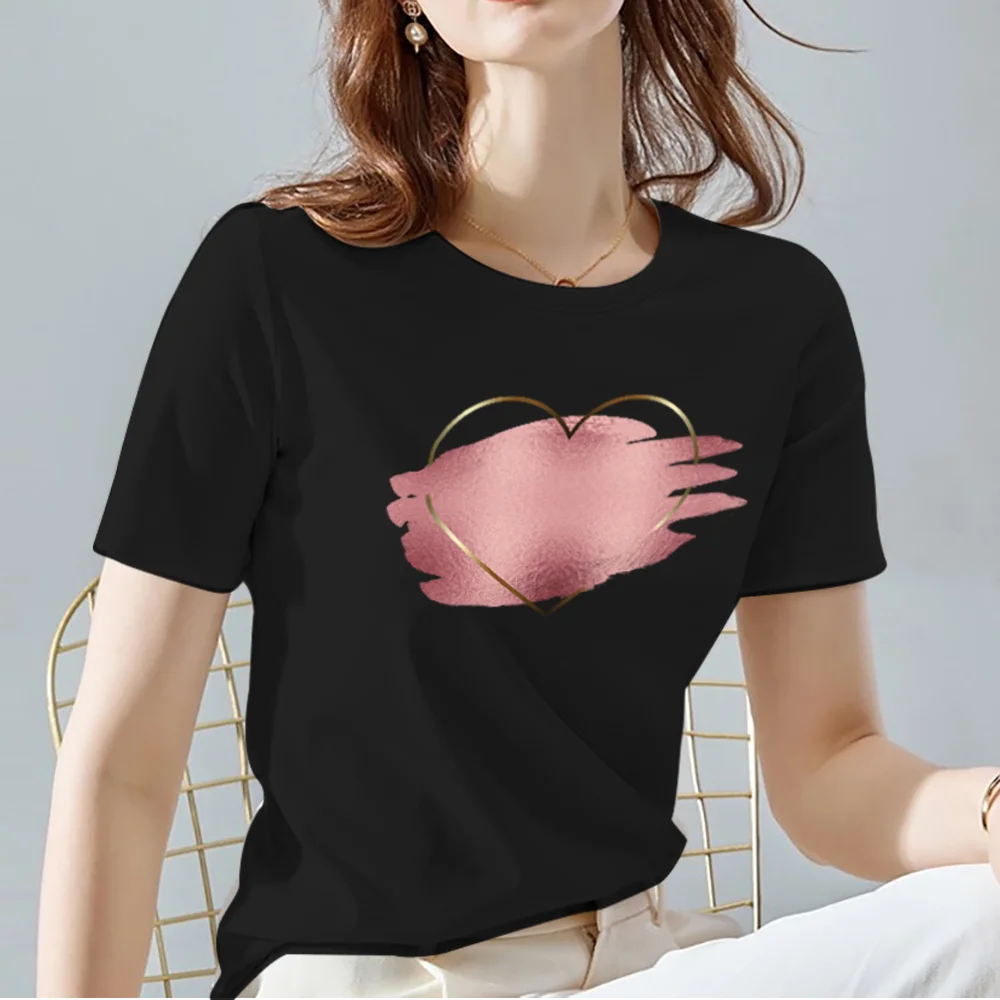 Women Tops Tee Black All-match Casual Ladies T-Shirts O Neck Love Heart Pattern Print Commuter Short Sleeve Women’s Clothing