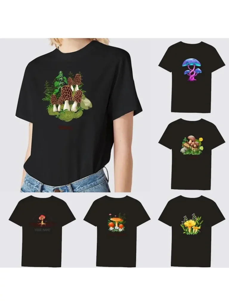 2024 Hot Sale Women’s Black T-Shirt Casual Top Mushroom Print Series Round Neck Ladies Slim Fit Commuter Short Sleeve Ladies