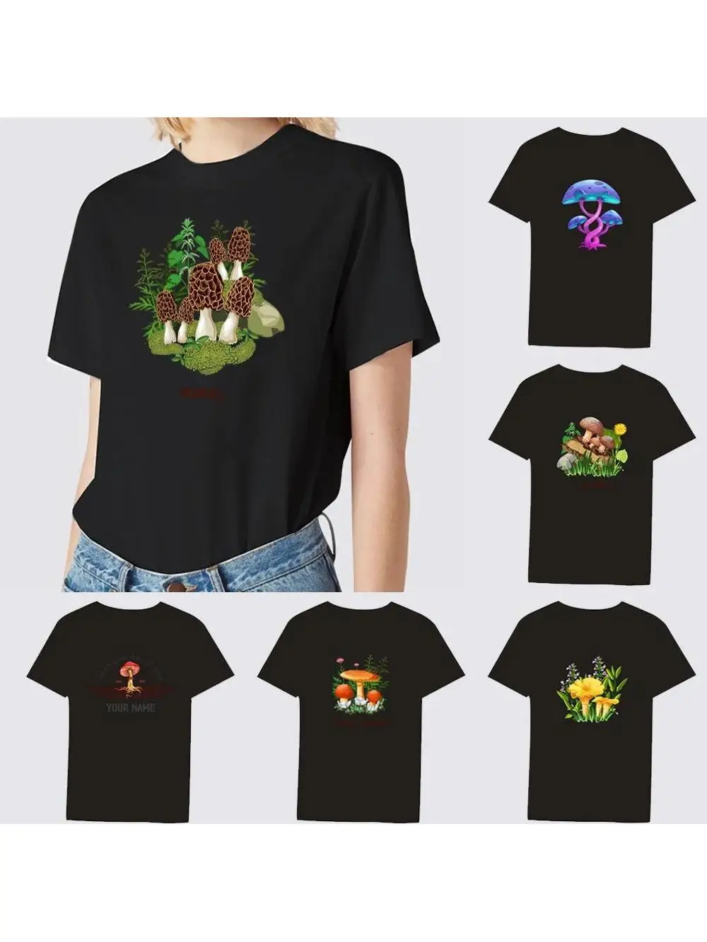 2024 Hot Sale Women’s Black T-Shirt Casual Top Mushroom Print Series Round Neck Ladies Slim Fit Commuter Short Sleeve Ladies