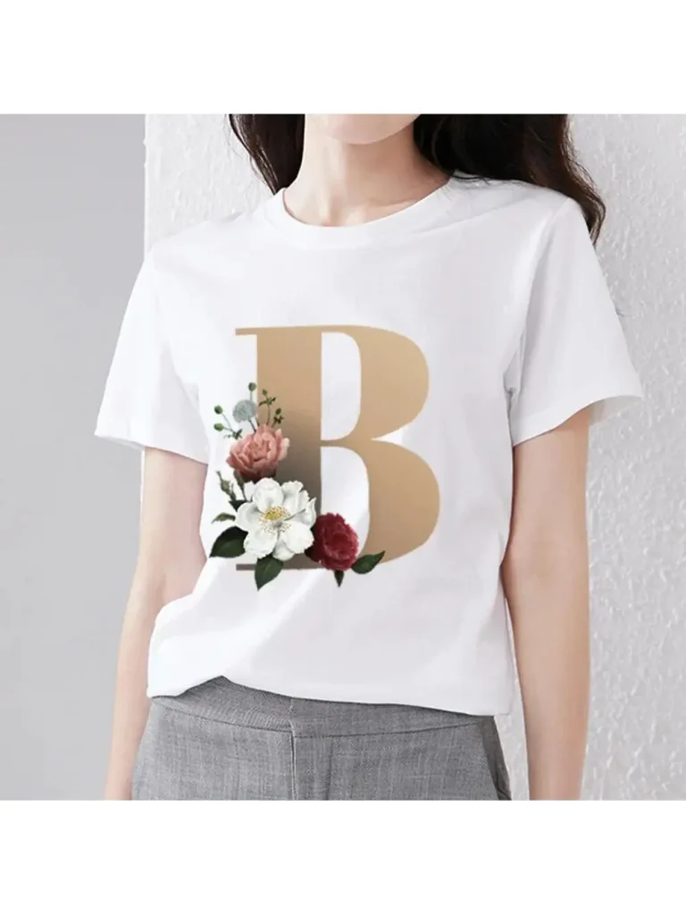 Women’s T-shirt Fashion 26 English Golden Flower Letter Printing Simple T-shirt Commuter Wear Comfortable Round Neck Ladies Top