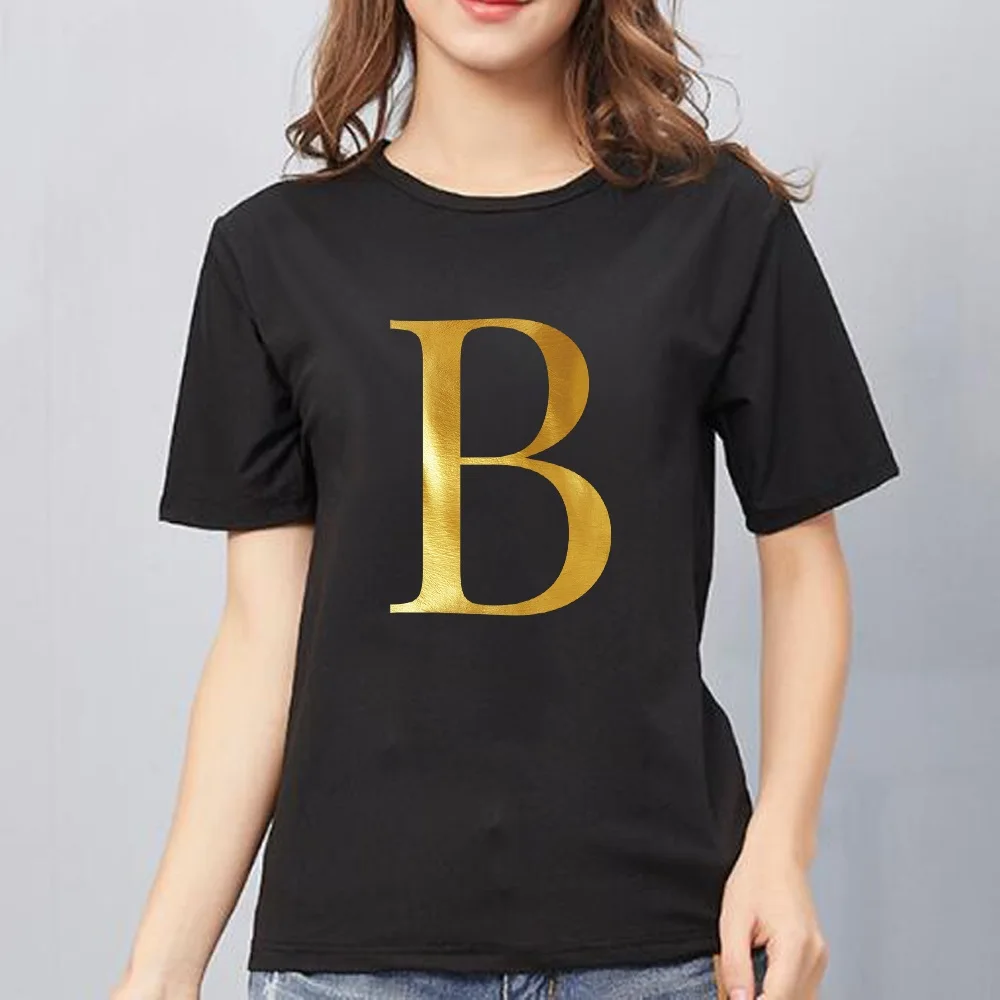 T Shirt Ladies Round Neck Tee Short Sleeve Black Simple Letter Print Summer Fashion Casual Women Top T Shirt