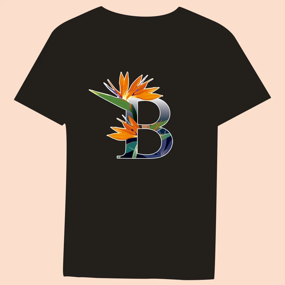 Flower Color Letter Print Ladies T-shirt Casual O-collar Black Shirt Short Sleeve T-shirts 2022 Harajuku Slim Soft Tops Clothing