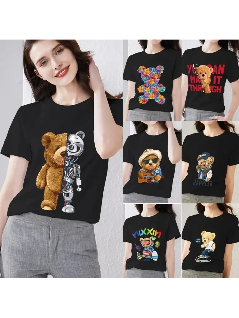 Summer Women Harajuku T-shirt Personality Trend All-match O-neck Top Cartoon Teddy Bear 3D Printing Series Women Shirt