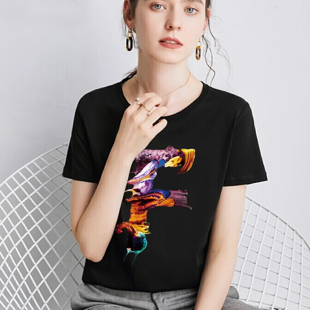 Basic T-shirt Women’s Clothing Black Casual Top Paint 26 Letter Pattern Print Slim Commuter Lady Round Neck Soft Short Sleeve