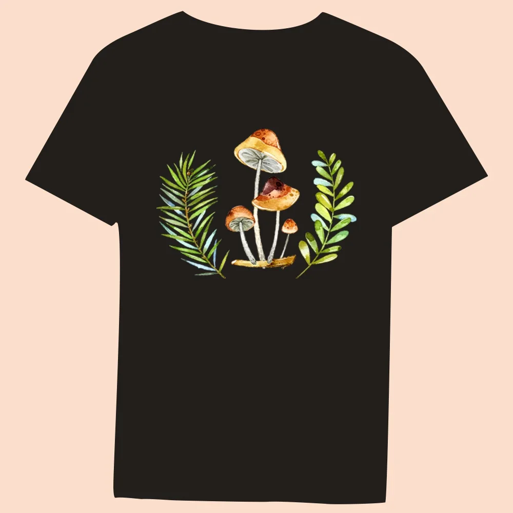 2024 Hot Sale Women’s Black T-Shirt Casual Top Mushroom Print Series Round Neck Ladies Slim Fit Commuter Short Sleeve Ladies