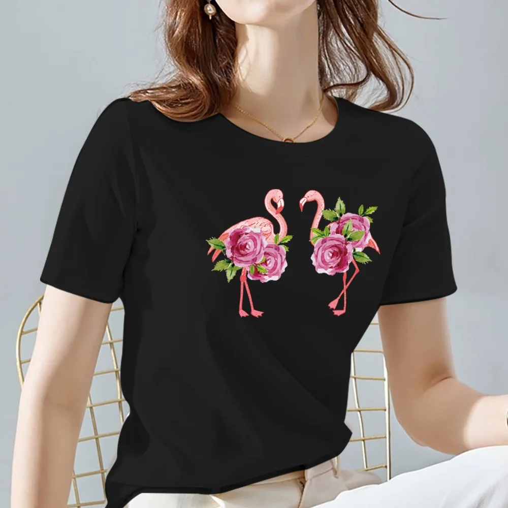 Women Tops Tee Black All-match Casual Ladies T-Shirts O Neck Flamingo Pattern Print Commuter Short Sleeve Women’s Clothing