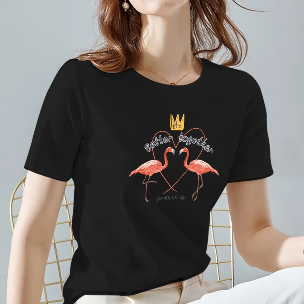 Women Tops Tee Black All-match Casual Ladies T-Shirts O Neck Flamingo Pattern Print Commuter Short Sleeve Women’s Clothing