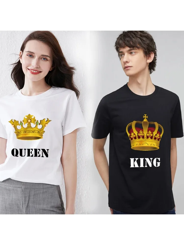 KING QUEEN Crown Print Couple T Shirt Summer Casual O Neck Lovers Short Sleeve Fashion Woman Man Tee Shirt Tops Clothes