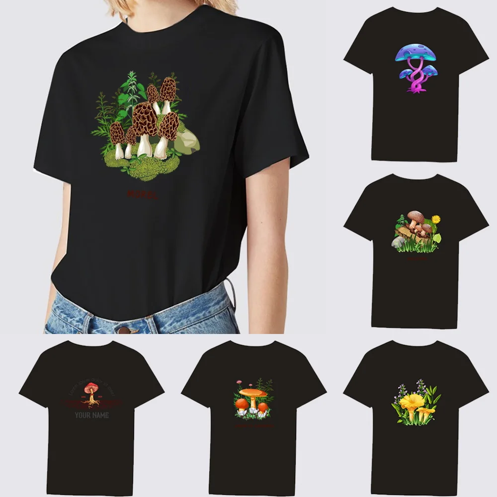 2024 Hot Sale Women’s Black T-Shirt Casual Top Mushroom Print Series Round Neck Ladies Slim Fit Commuter Short Sleeve Ladies