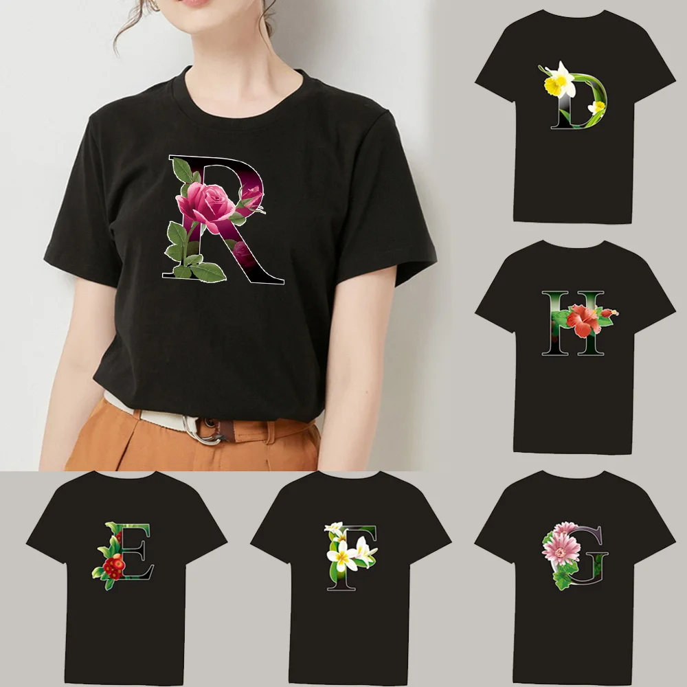 Flower Color Letter Print Ladies T-shirt Casual O-collar Black Shirt Short Sleeve T-shirts 2022 Harajuku Slim Soft Tops Clothing