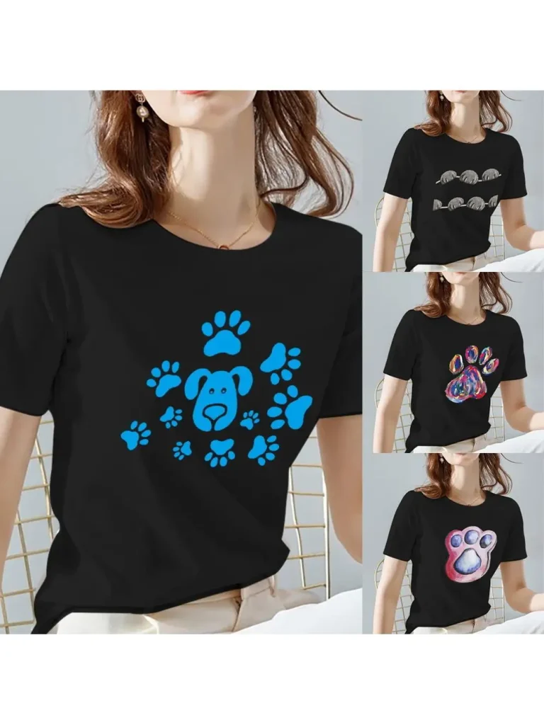 Women T-Shirt Black Classic All-match Ladies Tops O-Neck Fashion Dog Footprints Pattern Series Short Sleeve Tee Women’s Clothing
