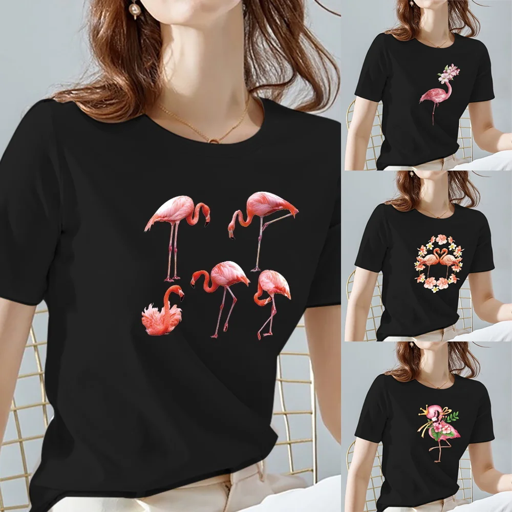 Women Tops Tee Black All-match Casual Ladies T-Shirts O Neck Flamingo Pattern Print Commuter Short Sleeve Women’s Clothing