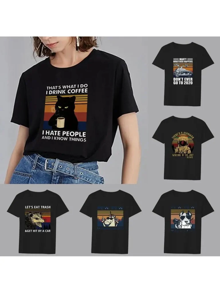 Women’s Clothing Black T-shirt Casual Top Basic Style Funny Animal Print Round Neck Slim Fit Commuter Soft Ladies Short Sleeve