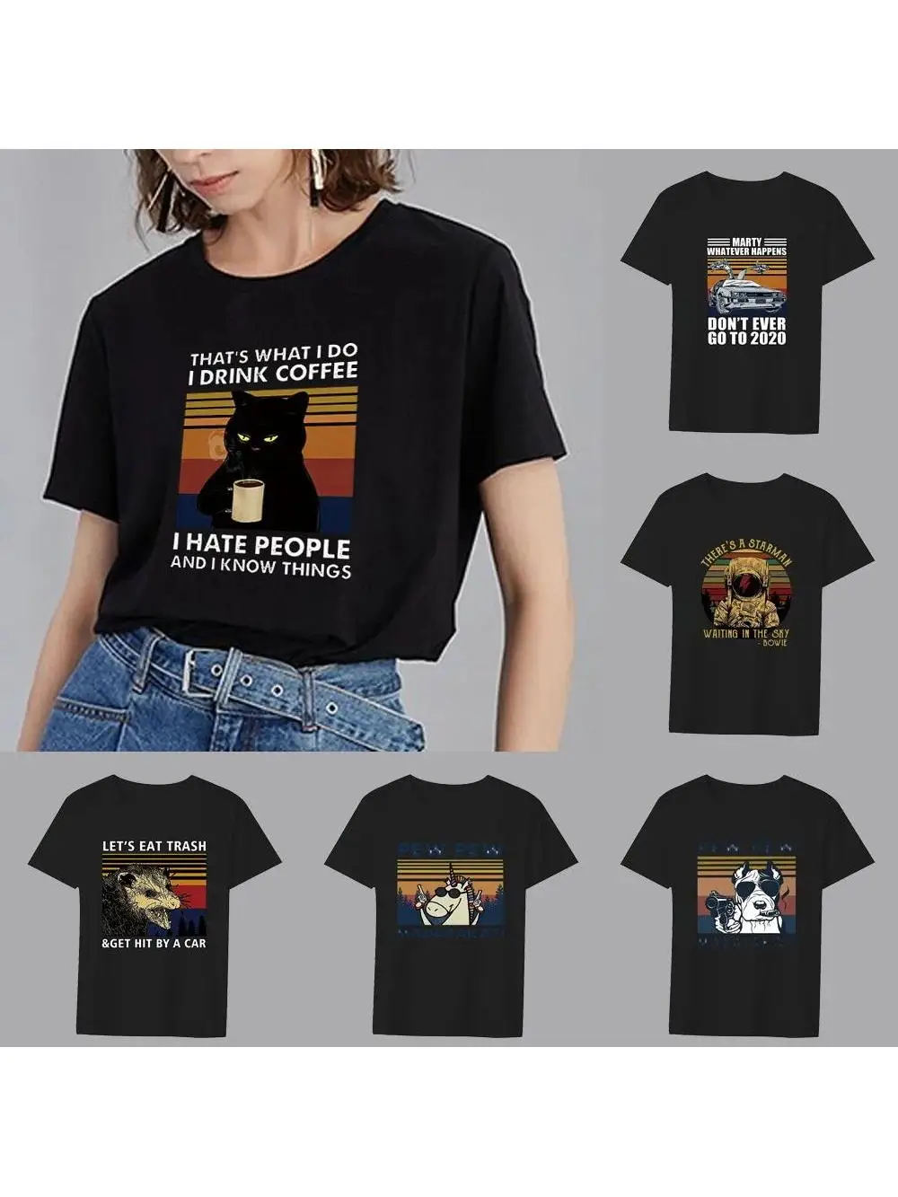 Women’s Clothing Black T-shirt Casual Top Basic Style Funny Animal Print Round Neck Slim Fit Commuter Soft Ladies Short Sleeve