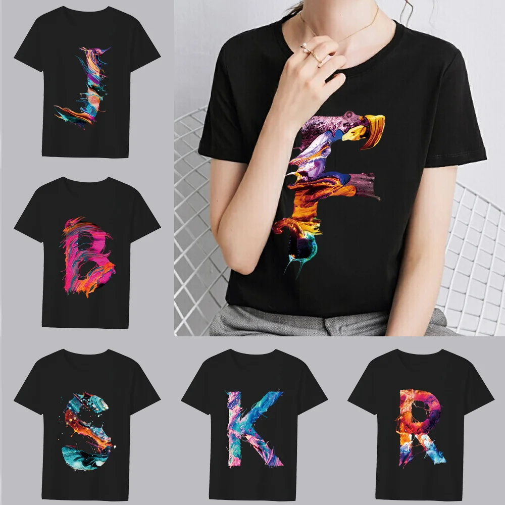 Basic T-shirt Women’s Clothing Black Casual Top Paint 26 Letter Pattern Print Slim Commuter Lady Round Neck Soft Short Sleeve