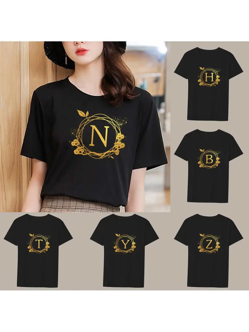 Women's Summer Black T-shirt 26 Wreath Letter Name Printing Series Casual Slim Top Commuter Fashion Harajuku Ladies Short Sleeve