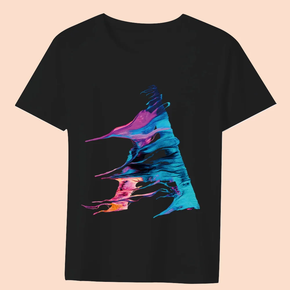 Basic T-shirt Women’s Clothing Black Casual Top Paint 26 Letter Pattern Print Slim Commuter Lady Round Neck Soft Short Sleeve