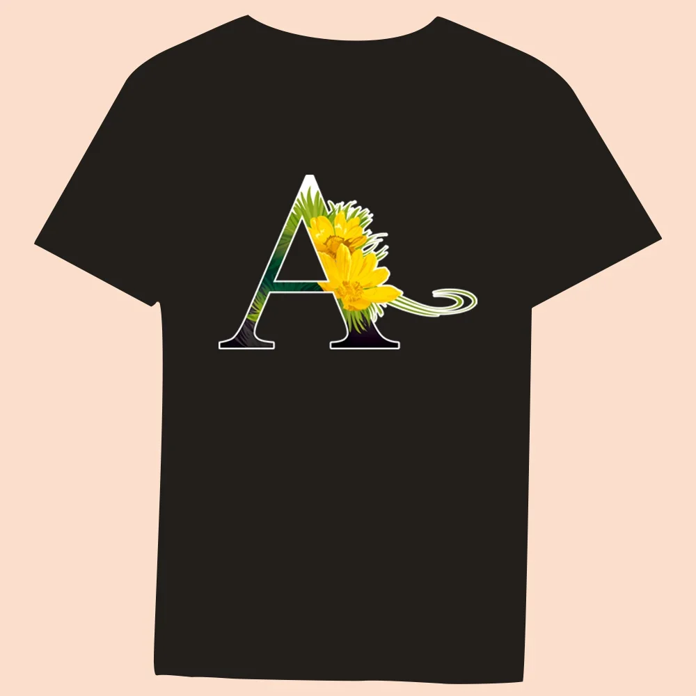 Flower Color Letter Print Ladies T-shirt Casual O-collar Black Shirt Short Sleeve T-shirts 2022 Harajuku Slim Soft Tops Clothing