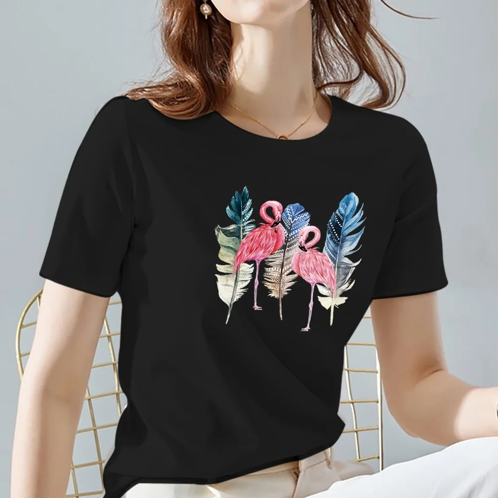 Women Tops Tee Black All-match Casual Ladies T-Shirts O Neck Flamingo Pattern Print Commuter Short Sleeve Women’s Clothing