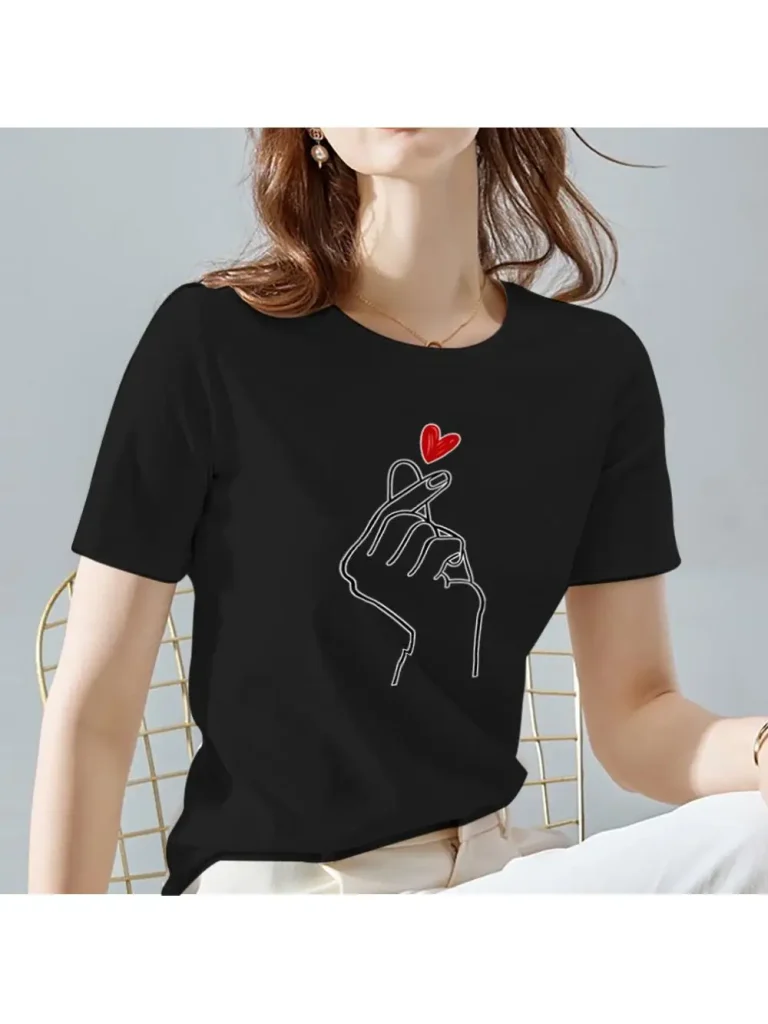 Women Tops Tee Black All-match Casual Ladies T-Shirts O Neck Love Heart Pattern Print Commuter Short Sleeve Women’s Clothing