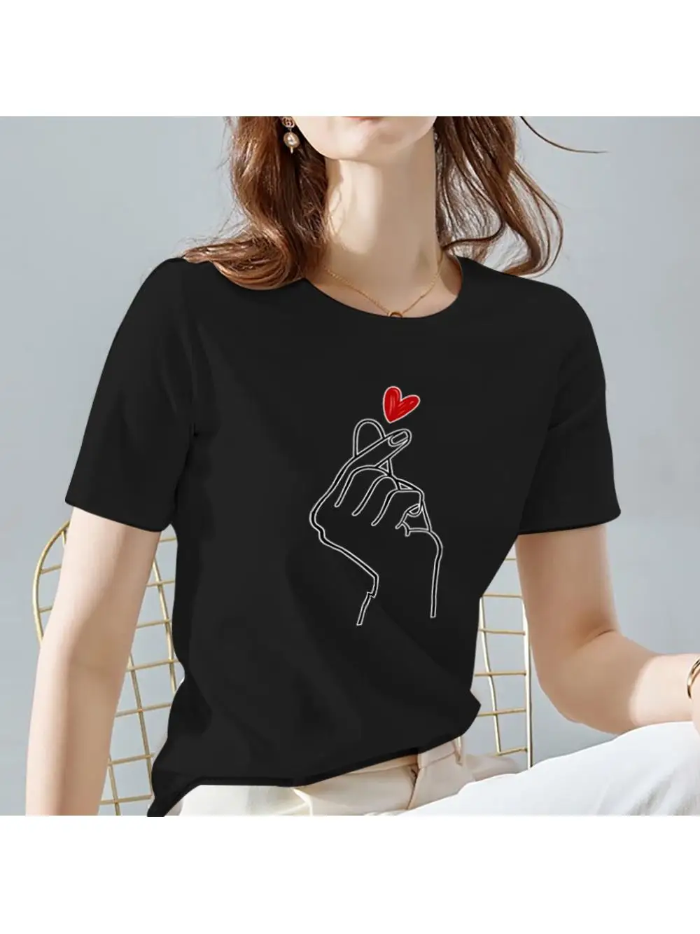 Women Tops Tee Black All-match Casual Ladies T-Shirts O Neck Love Heart Pattern Print Commuter Short Sleeve Women's Clothing