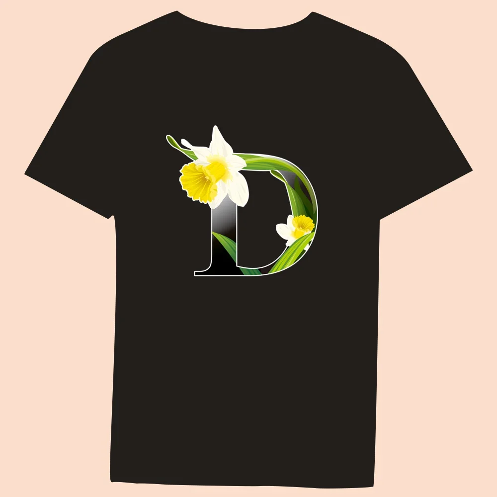 Flower Color Letter Print Ladies T-shirt Casual O-collar Black Shirt Short Sleeve T-shirts 2022 Harajuku Slim Soft Tops Clothing