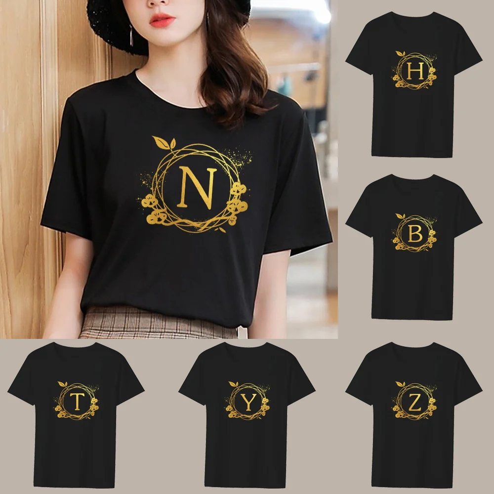 Women’s Summer Black T-shirt 26 Wreath Letter Name Printing Series Casual Slim Top Commuter Fashion Harajuku Ladies Short Sleeve