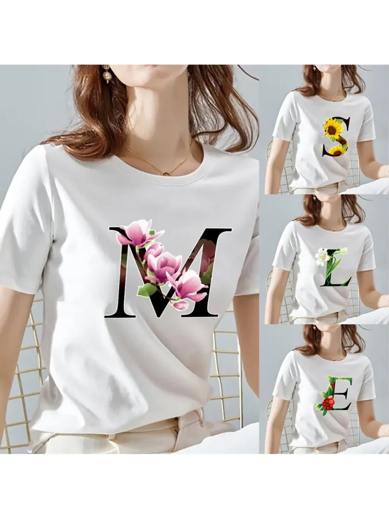 O Neck White Top Women 2022 Summer Casual T Shirt Basic Flower Color Letter Name Pattern Print Short Sleeve Tops Ladies Clothes