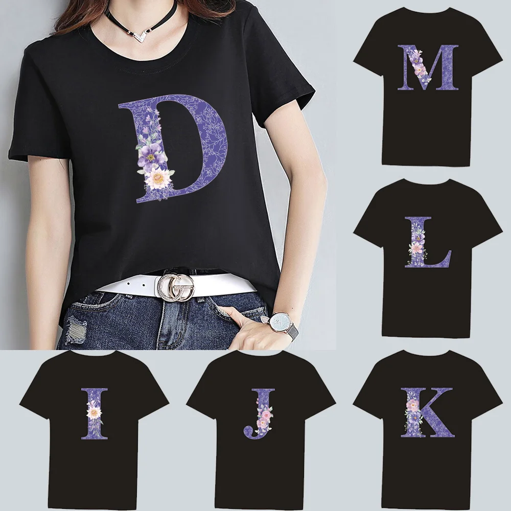 Women Summer Round Neck Slim Fit Commuter Short Sleeve Ladies Fashion Clothes Top T-Shirt Casual Top Purple Floral Letter Print