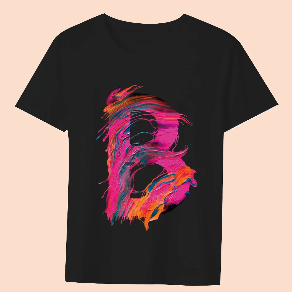 Basic T-shirt Women’s Clothing Black Casual Top Paint 26 Letter Pattern Print Slim Commuter Lady Round Neck Soft Short Sleeve