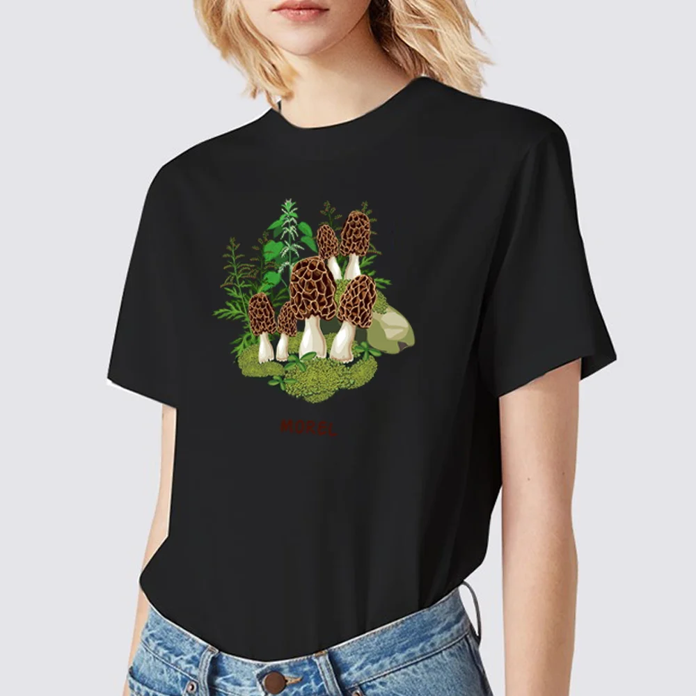 2024 Hot Sale Women’s Black T-Shirt Casual Top Mushroom Print Series Round Neck Ladies Slim Fit Commuter Short Sleeve Ladies