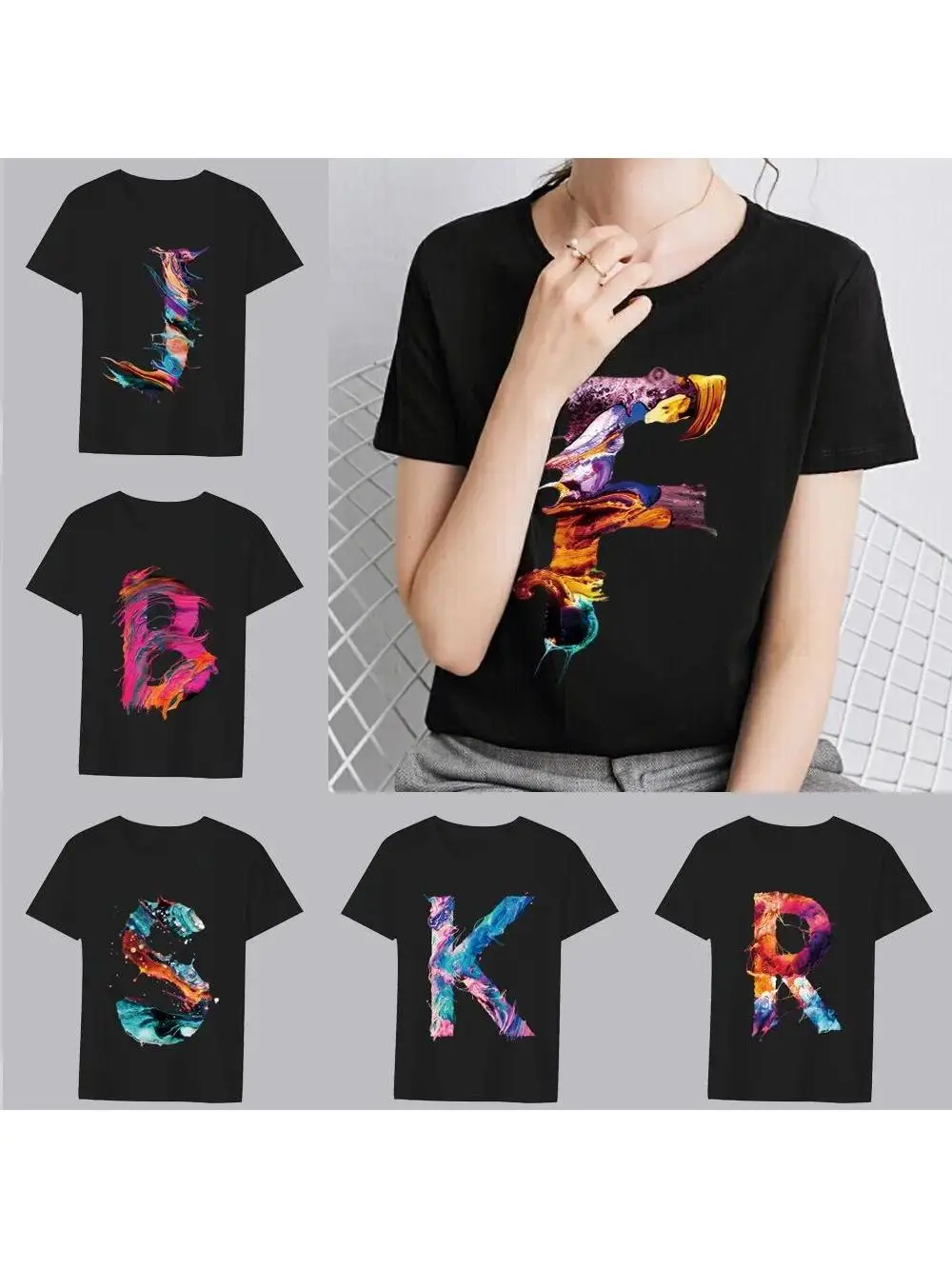 Basic T-shirt Women’s Clothing Black Casual Top Paint 26 Letter Pattern Print Slim Commuter Lady Round Neck Soft Short Sleeve