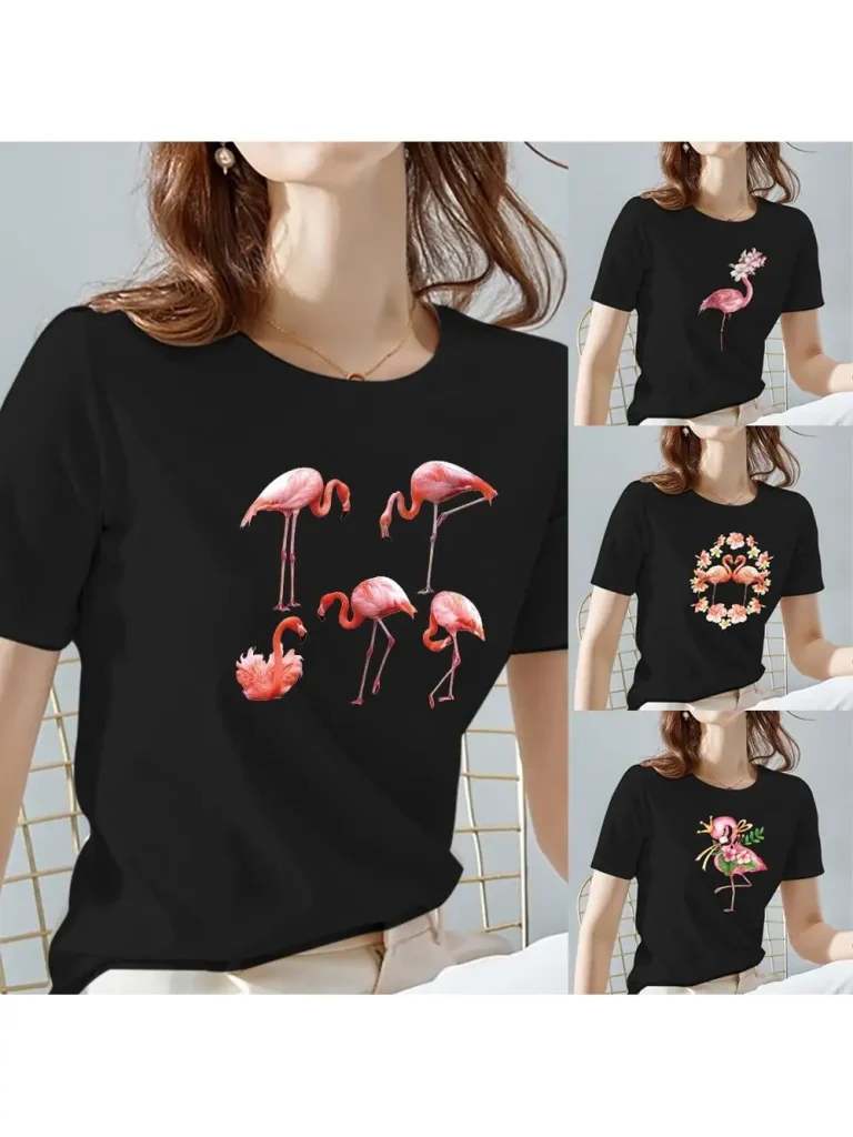 Women Tops Tee Black All-match Casual Ladies T-Shirts O Neck Flamingo Pattern Print Commuter Short Sleeve Women’s Clothing