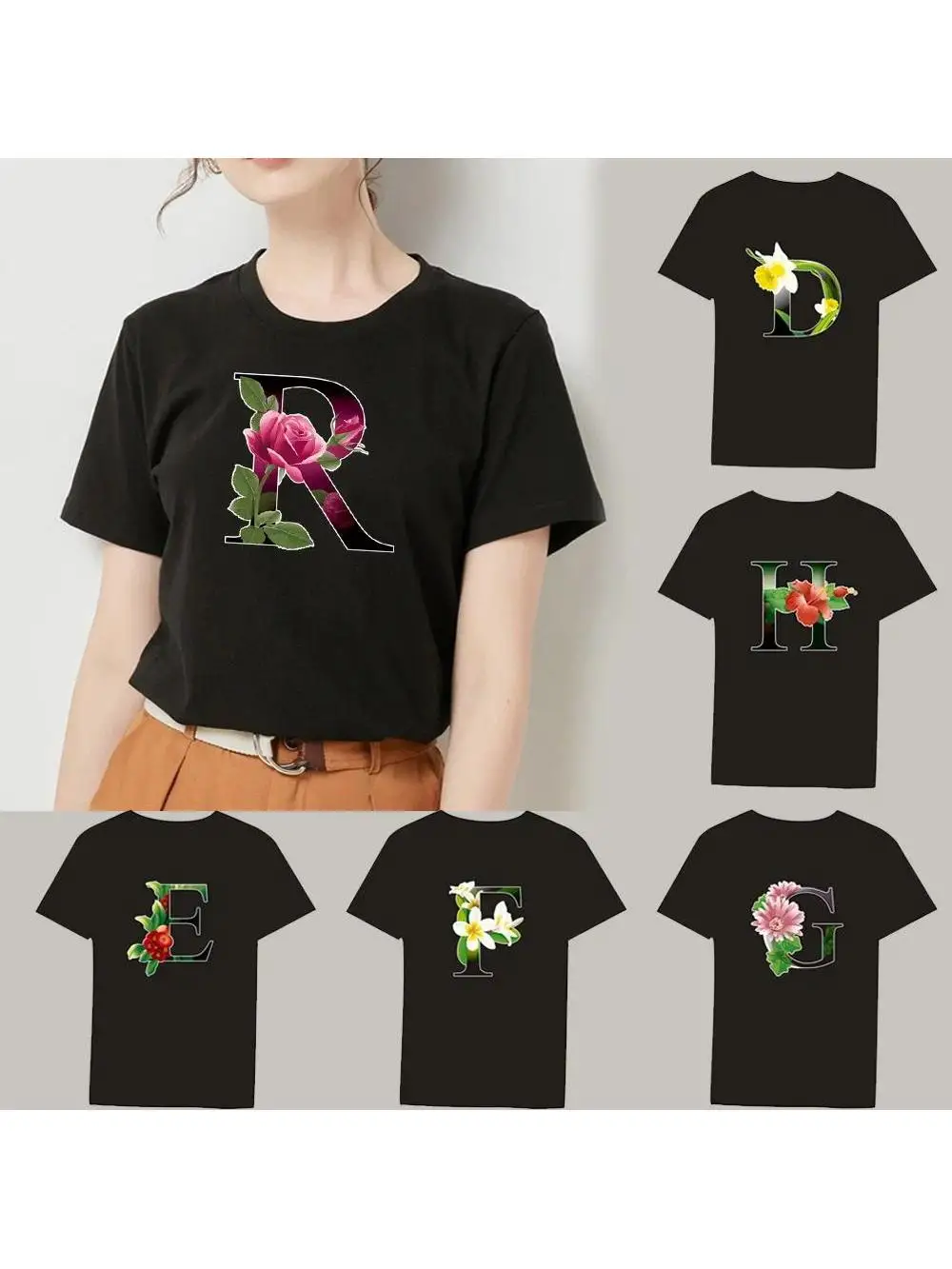 Flower Color Letter Print Ladies T-shirt Casual O-collar Black Shirt Short Sleeve T-shirts 2022 Harajuku Slim Soft Tops Clothing