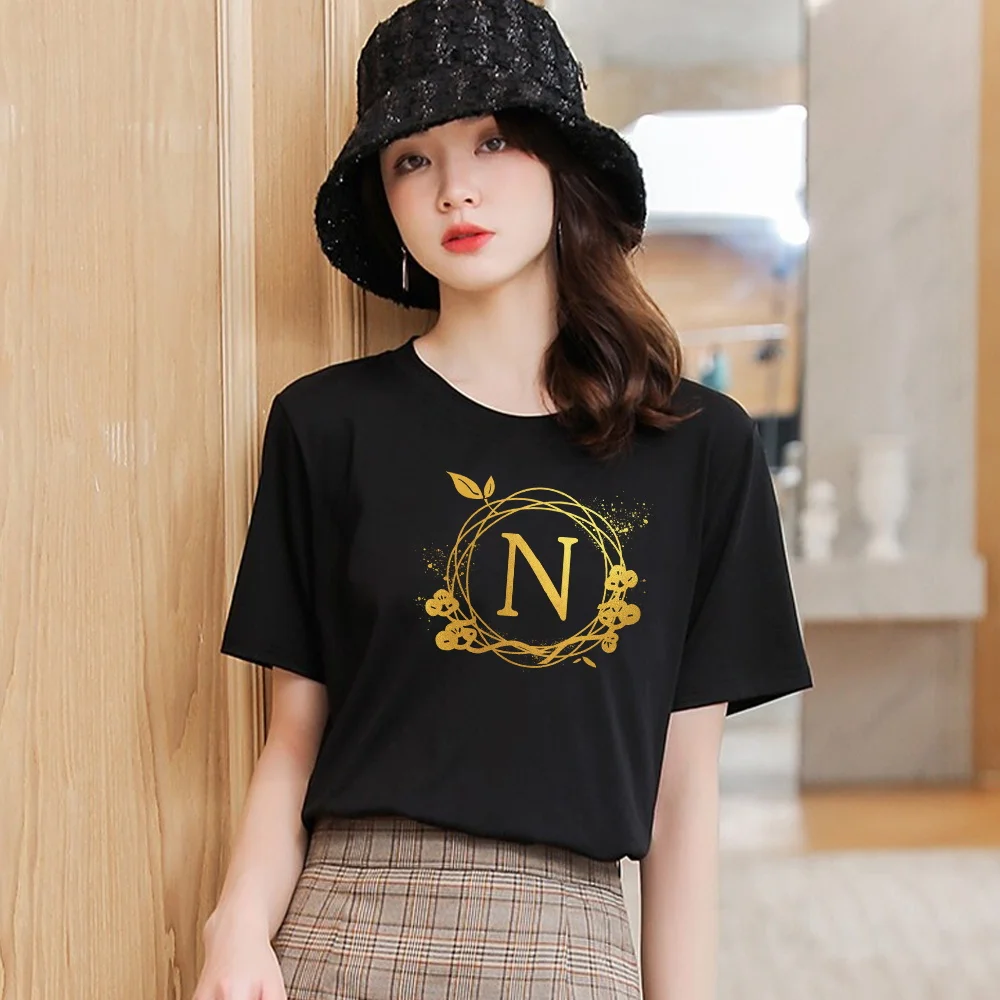 Women’s Summer Black T-shirt 26 Wreath Letter Name Printing Series Casual Slim Top Commuter Fashion Harajuku Ladies Short Sleeve