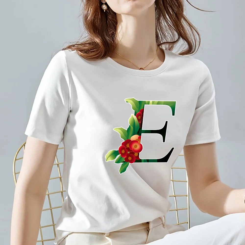 O Neck White Top Women 2022 Summer Casual T Shirt Basic Flower Color Letter Name Pattern Print Short Sleeve Tops Ladies Clothes